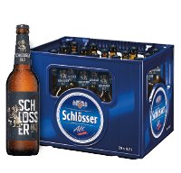 Einzelne Flasche und eine blaue Kiste mit mehreren Bierflaschen. Die Kiste enthält deutliche Etiketten.