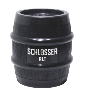 Ein schwarzes Bierfass steht isoliert mit weißer Schrift.